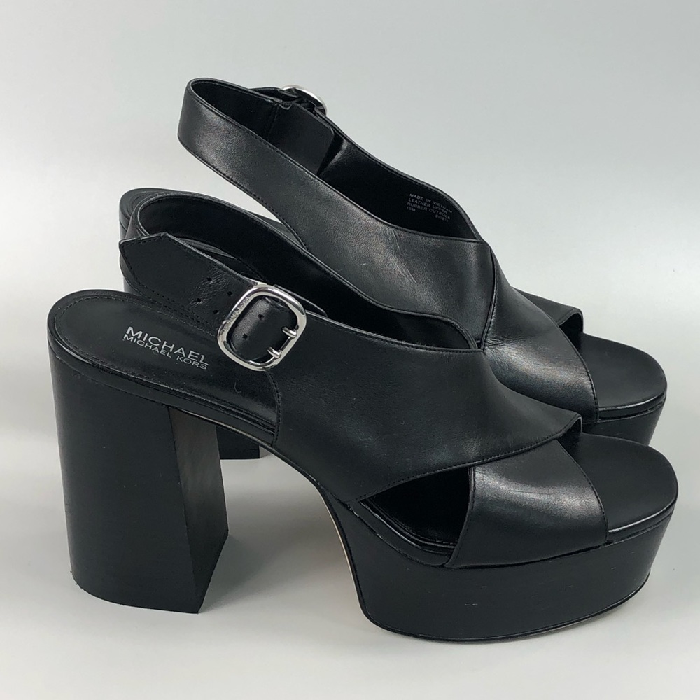 MICHAEL Michael Kors Black Leather Platform Slingback Sandals - Picture 2 of 11
